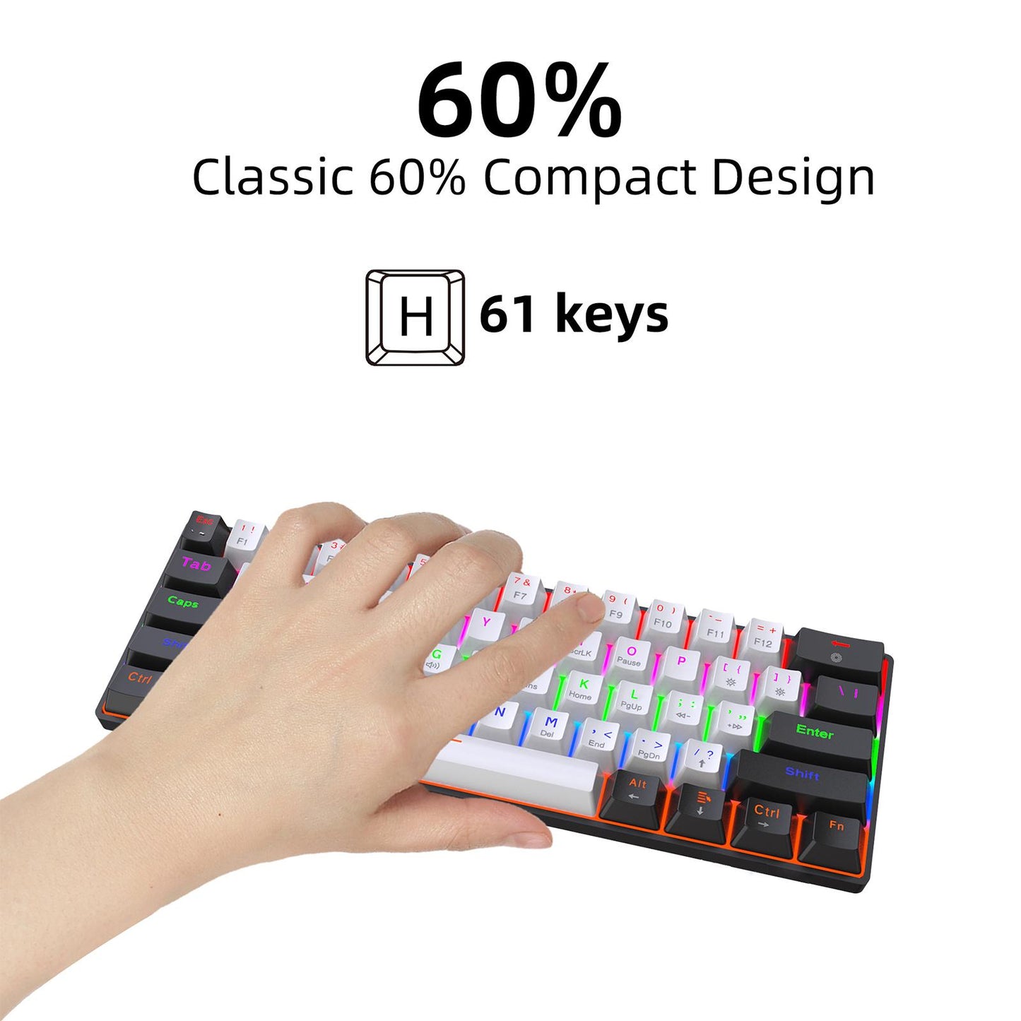 Mechanical Keyboard Mini 61 Keys Mechanical Axis Light Adjustment for Office Blackwhite blackcase