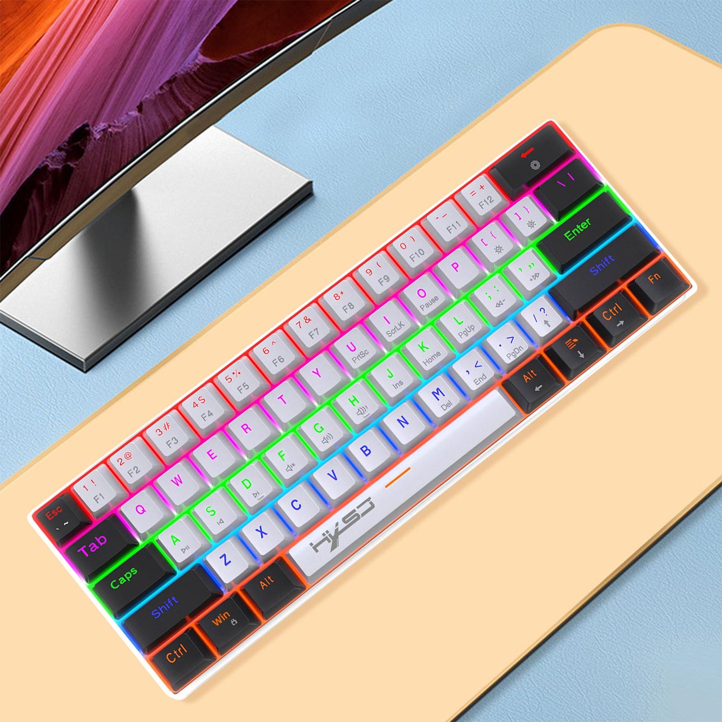 Mechanical Keyboard Mini 61 Keys Mechanical Axis Light Adjustment for Office Blackwhite whitecase