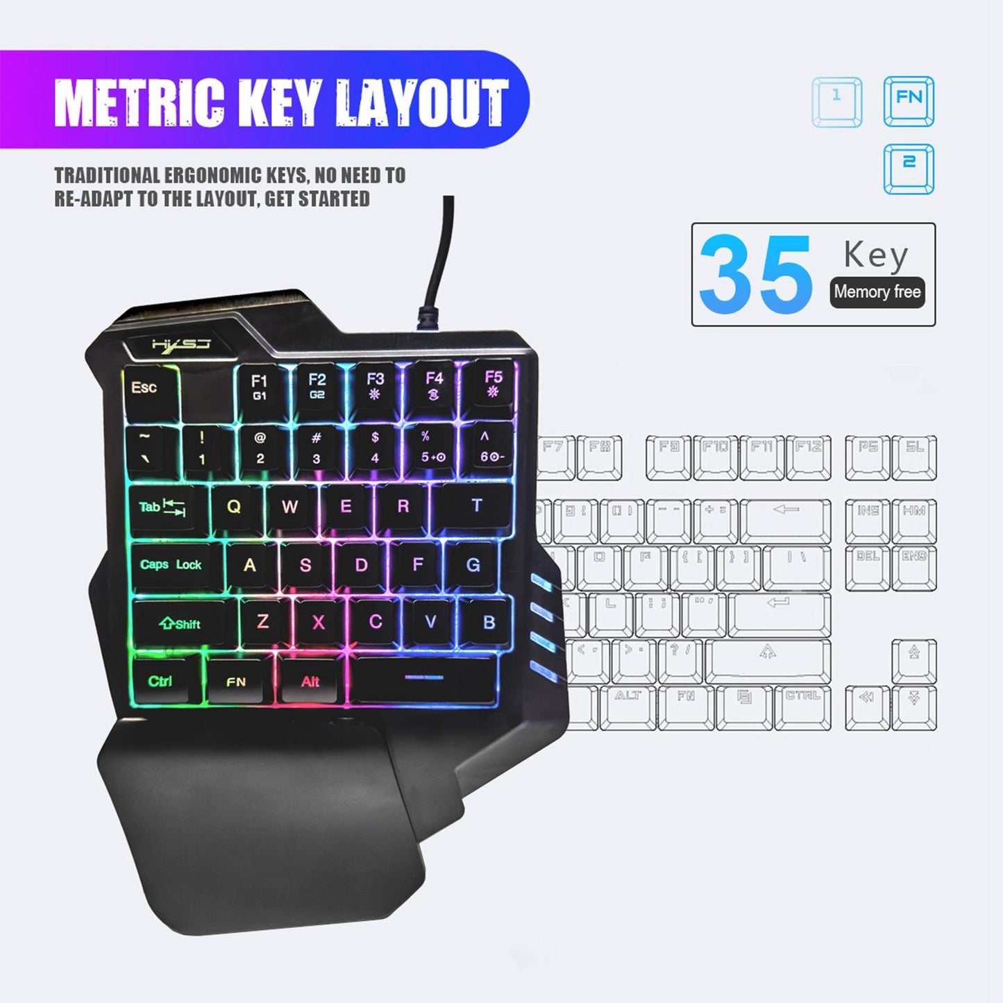 Portable Single Handed Gaming Keyboard USB Wired RGB Backlit Game Controller