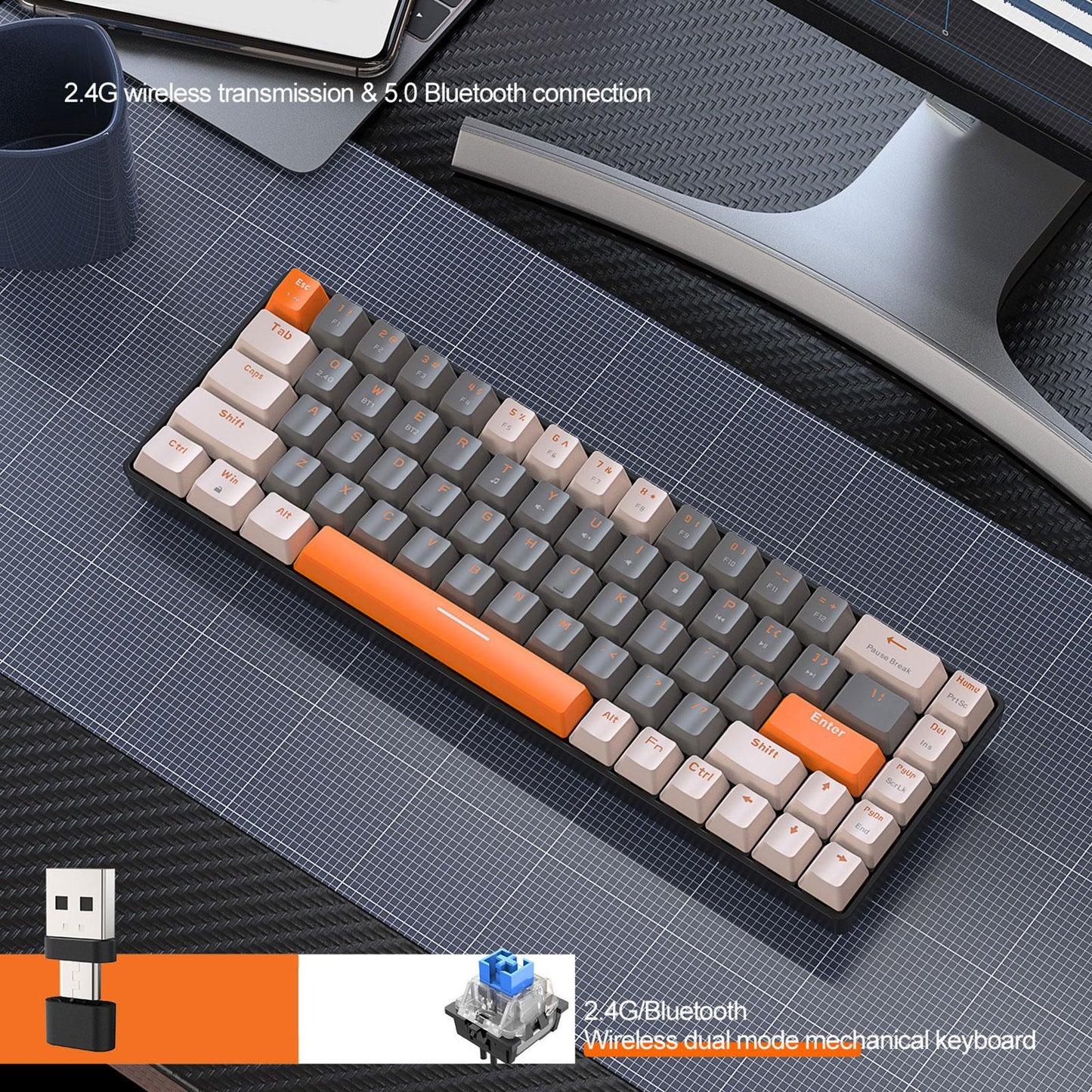 Mechanical Keyboard 2 Connection Methods PBT Key Caps Keypad for Laptop Style B