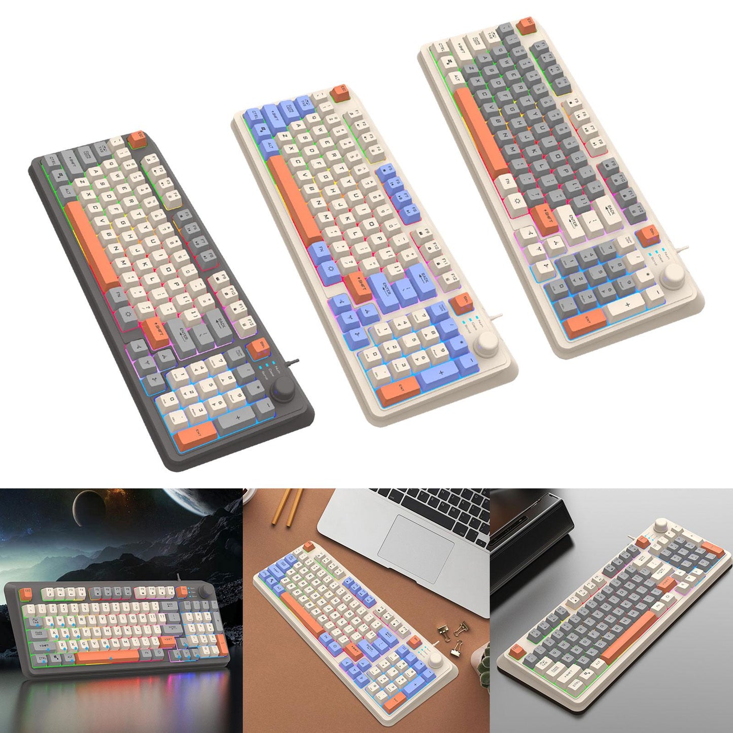 RGB Gaming Keyboard 94 Keys Compact USB Wired Keyboard for Windows PC Gamers Gray White