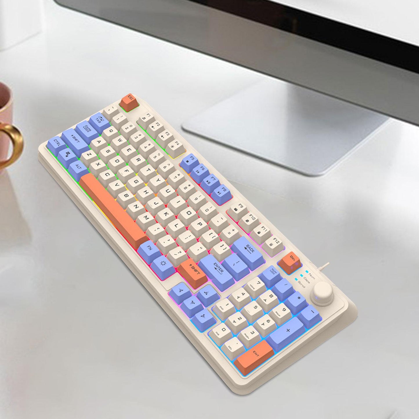 RGB Gaming Keyboard 94 Keys Compact USB Wired Keyboard for Windows PC Gamers White Blue