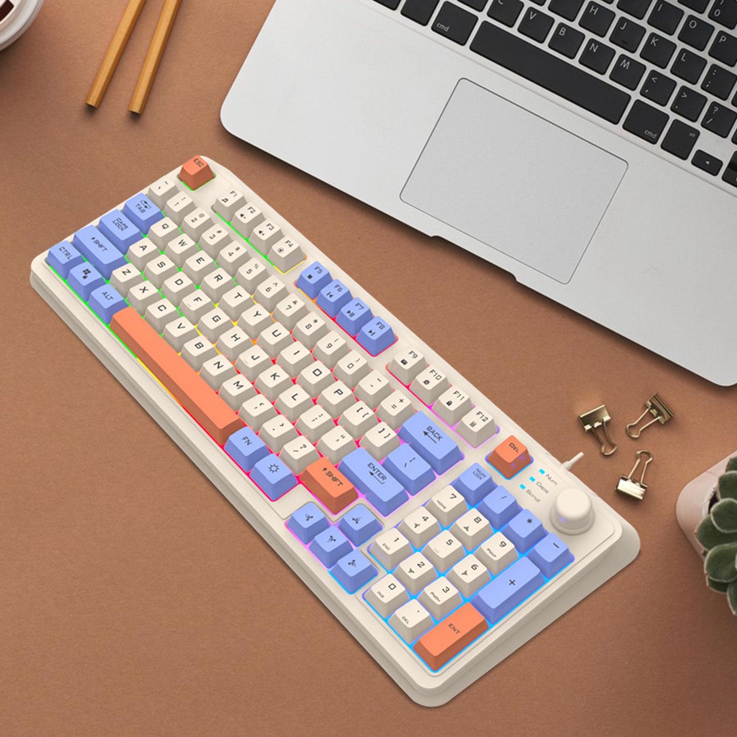 RGB Gaming Keyboard 94 Keys Compact USB Wired Keyboard for Windows PC Gamers White Blue