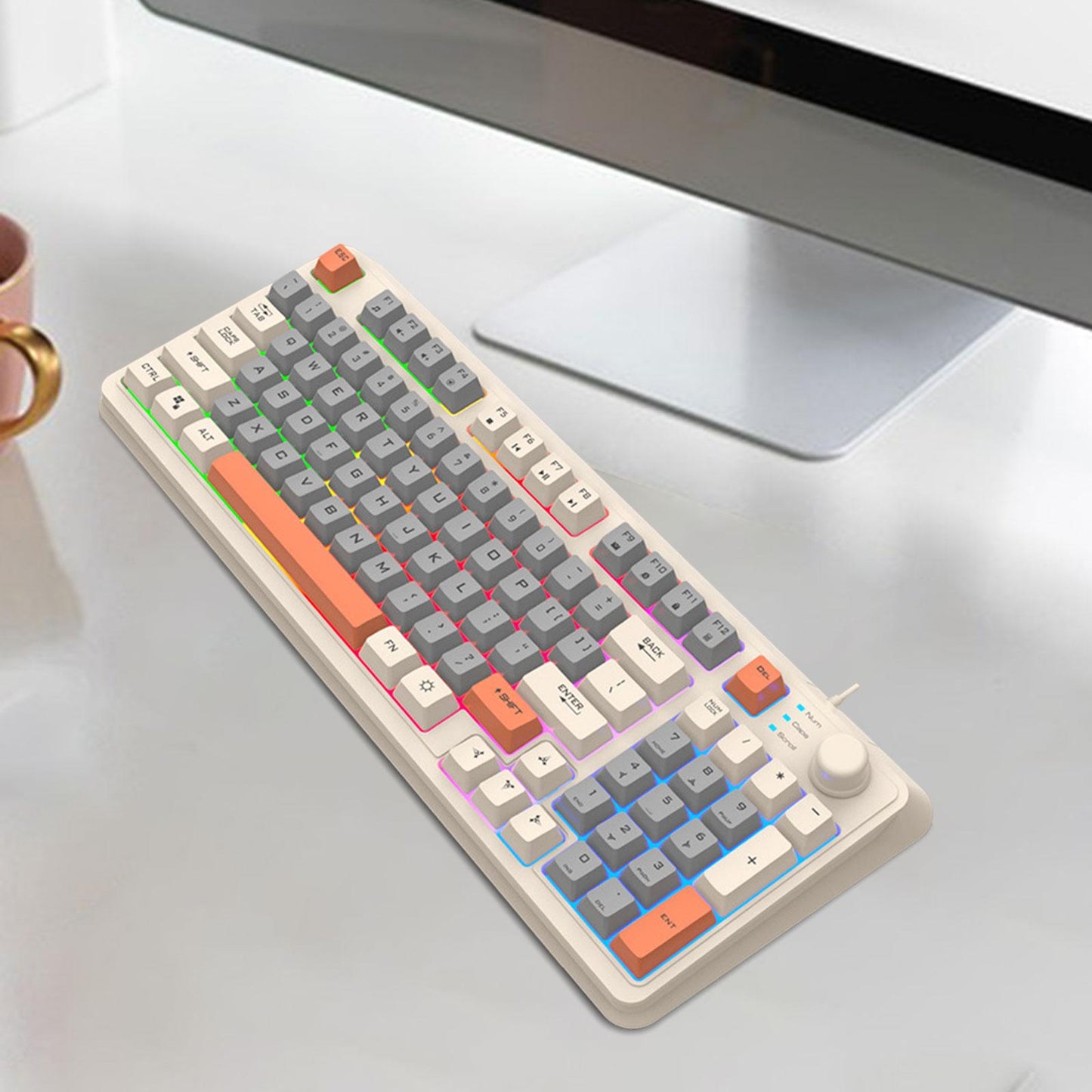 RGB Gaming Keyboard 94 Keys Compact USB Wired Keyboard for Windows PC Gamers White Gray