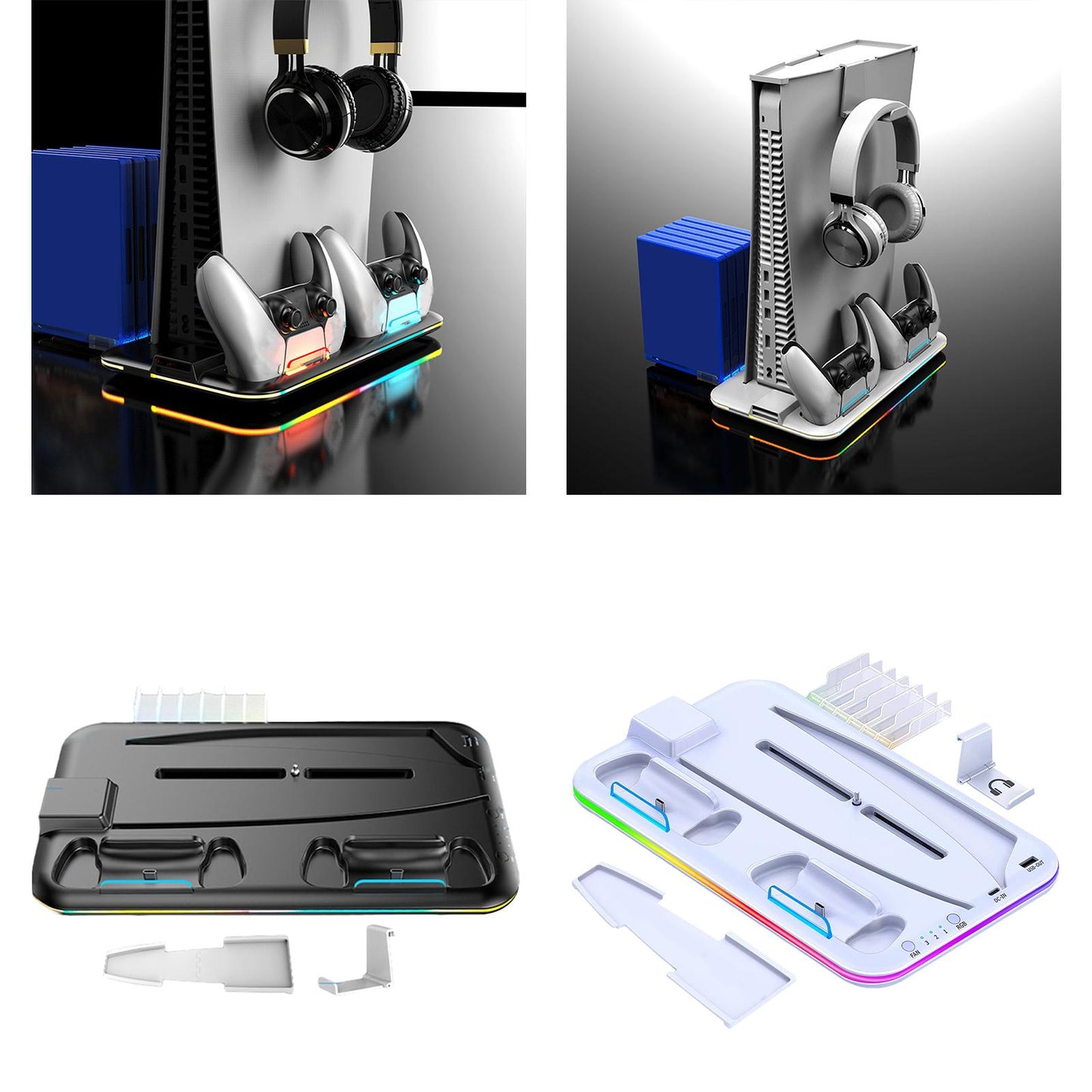 Cooling Stand Controller Charging Station Headphone Hook for PS5 Console Black