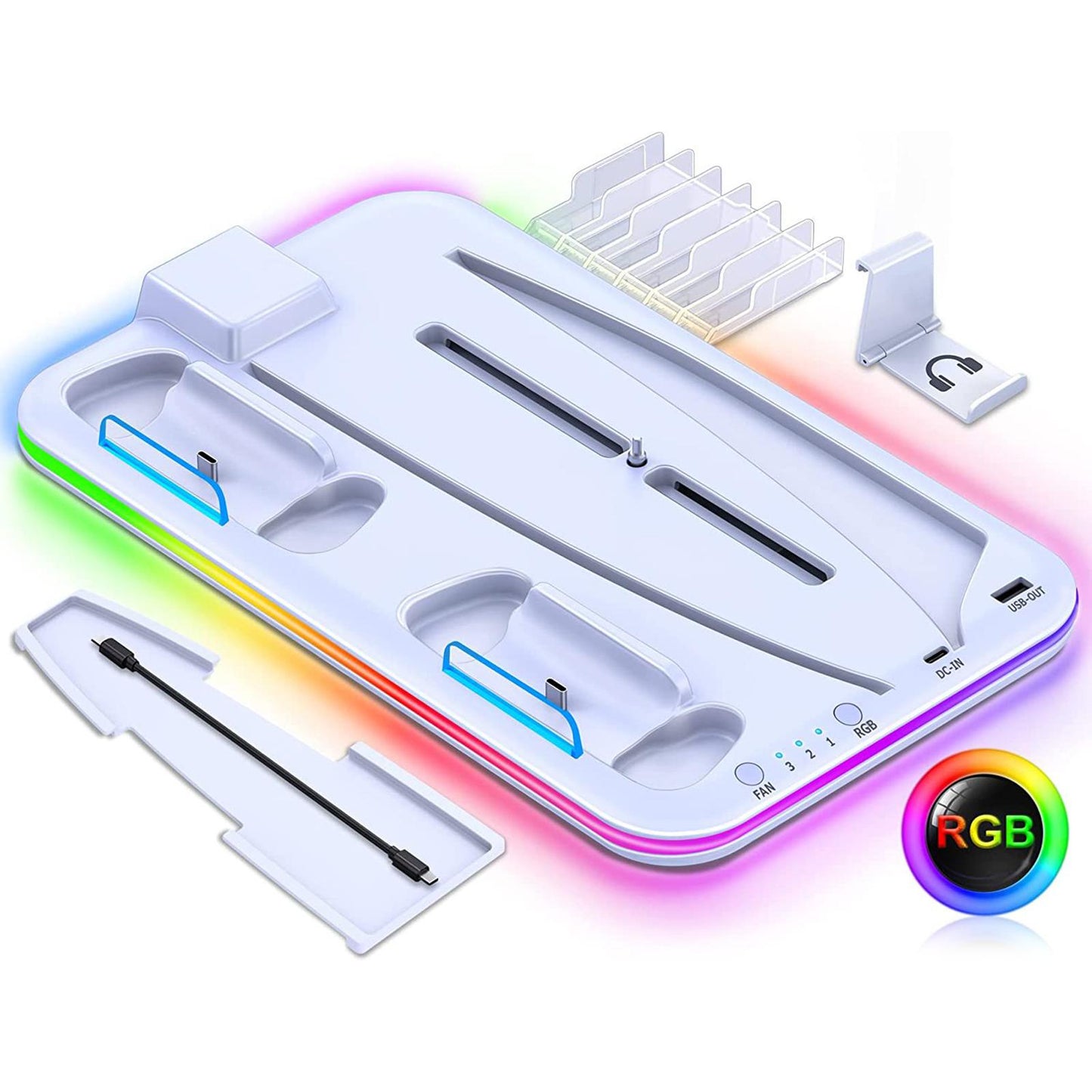 Cooling Stand Controller Charging Station Headphone Hook for PS5 Console White