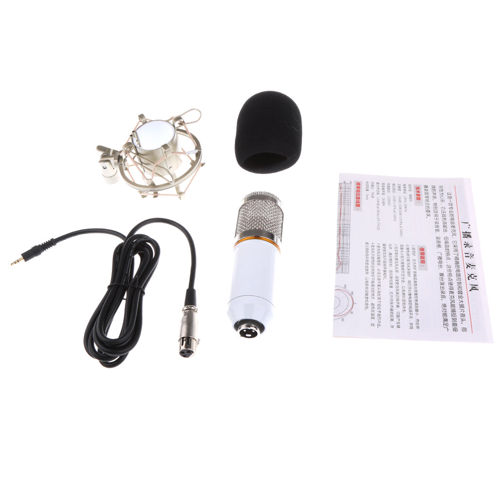 Professional Condenser Microphone+Shock Mount+Foam Cap+Power Cable White