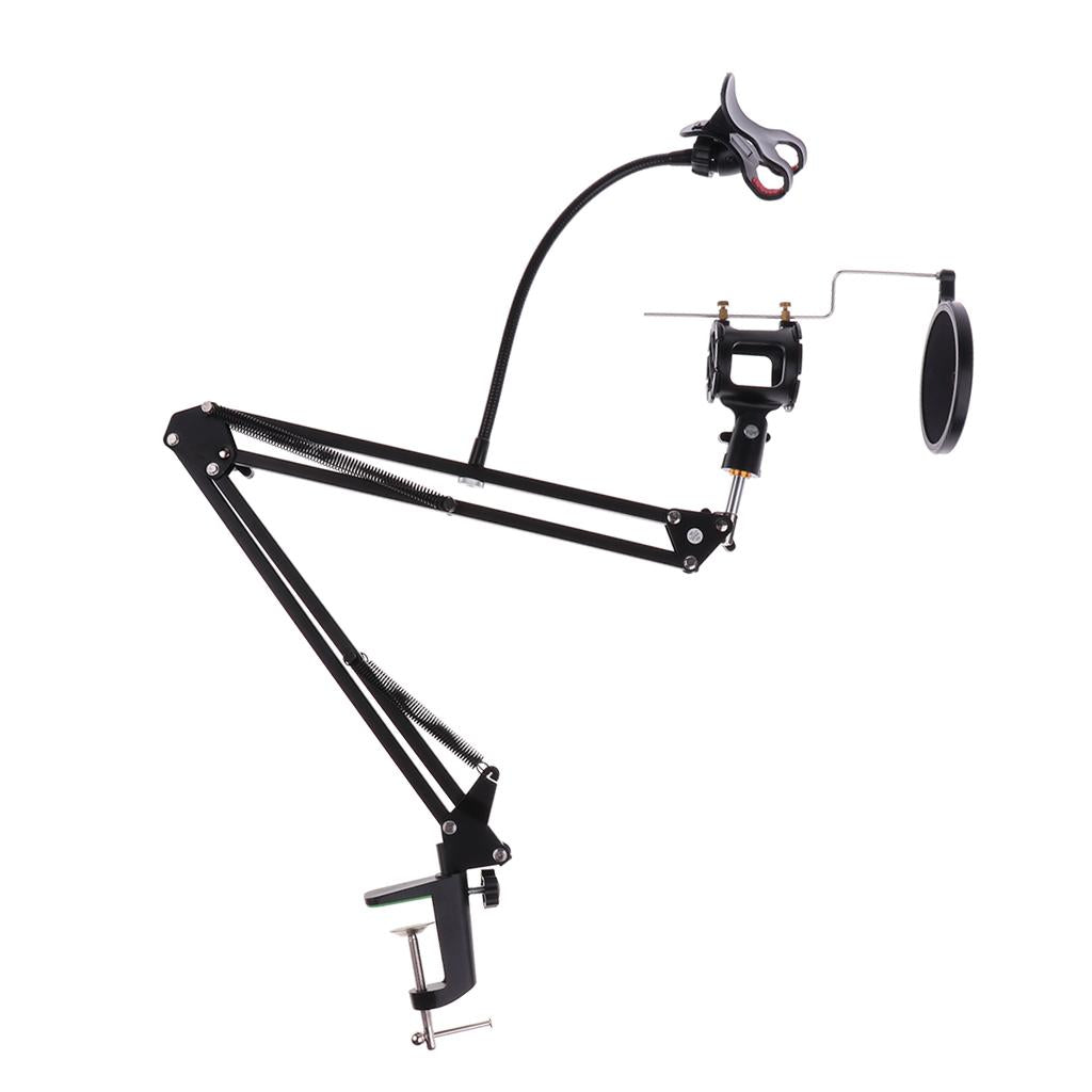Microphone Suspension Arm Stand&Phone Holder& Pop Filter&Shock Mount Black