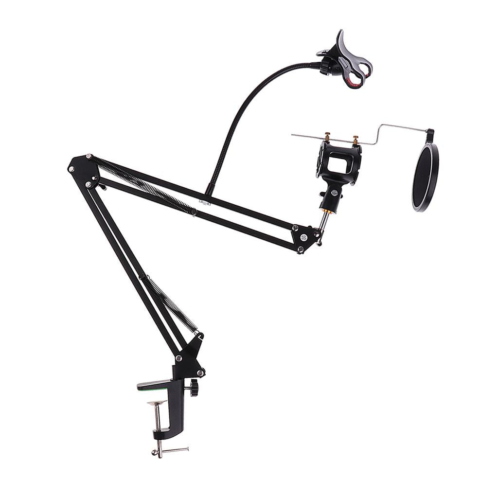 Microphone Suspension Arm Stand&Phone Holder& Pop Filter&Shock Mount Black