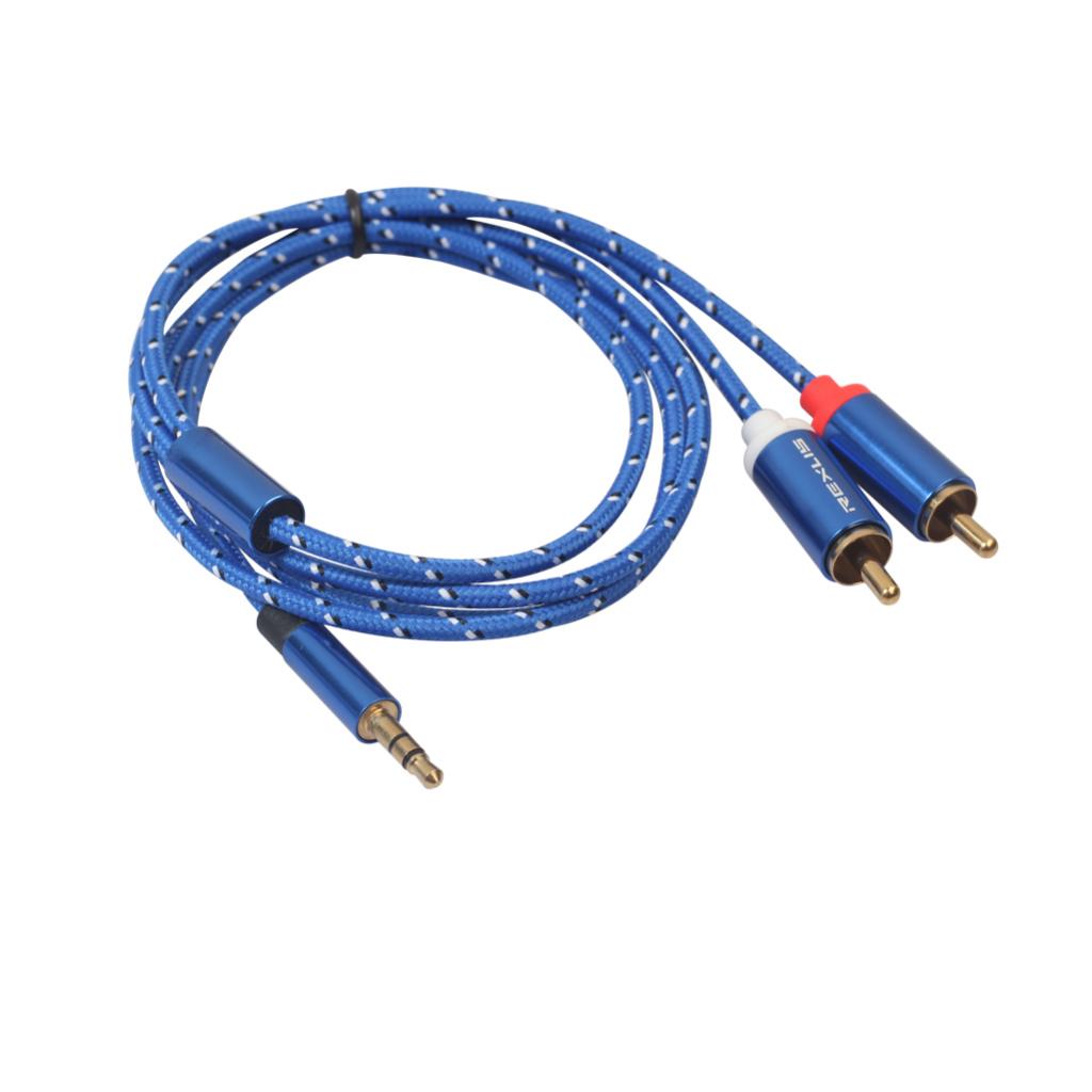 Blue Braided 1/8'' Jack 3.5mm Stereo Male to 2 RCA Male Audio Cable 1m