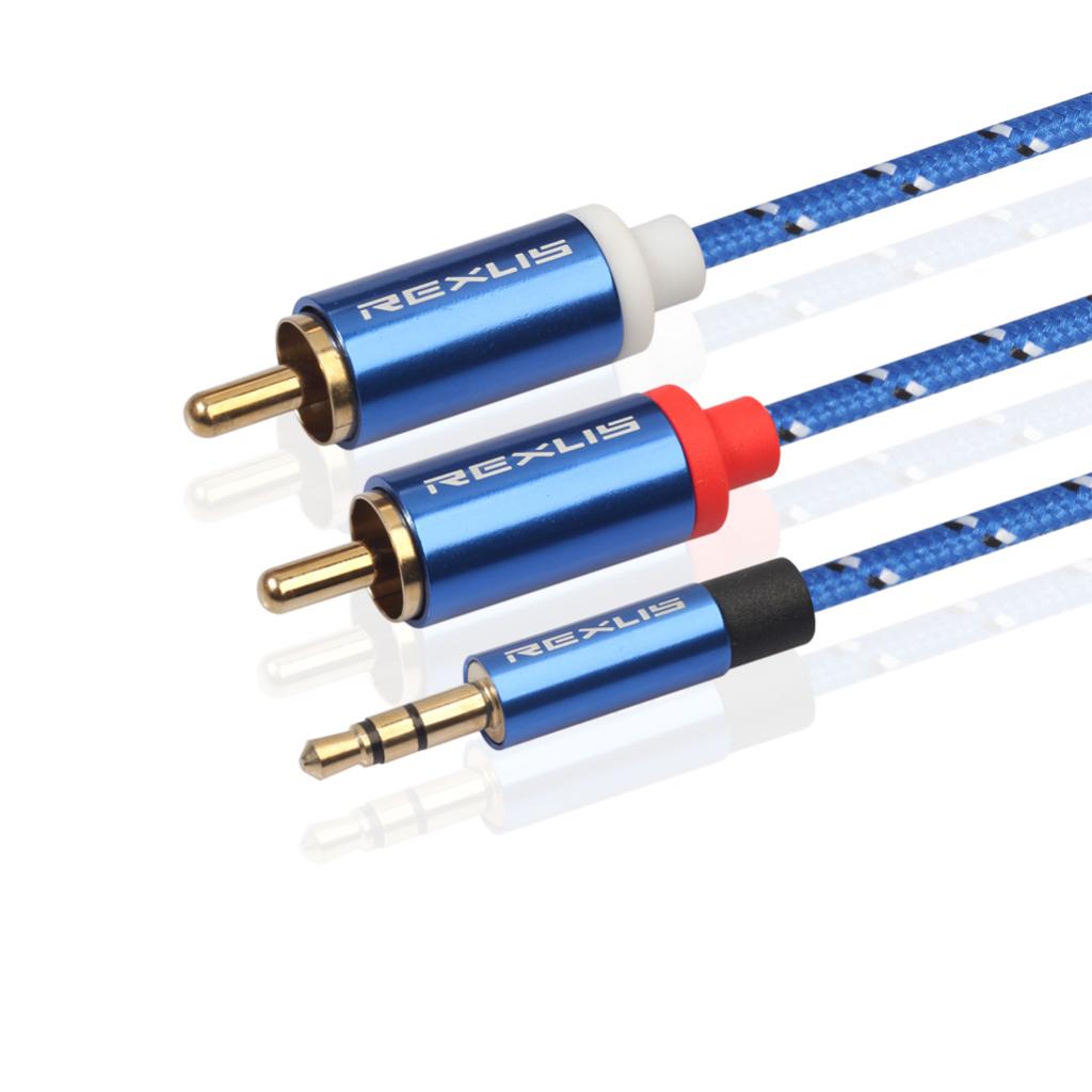 Blue Braided 1/8'' Jack 3.5mm Stereo Male to 2 RCA Male Audio Cable 1m