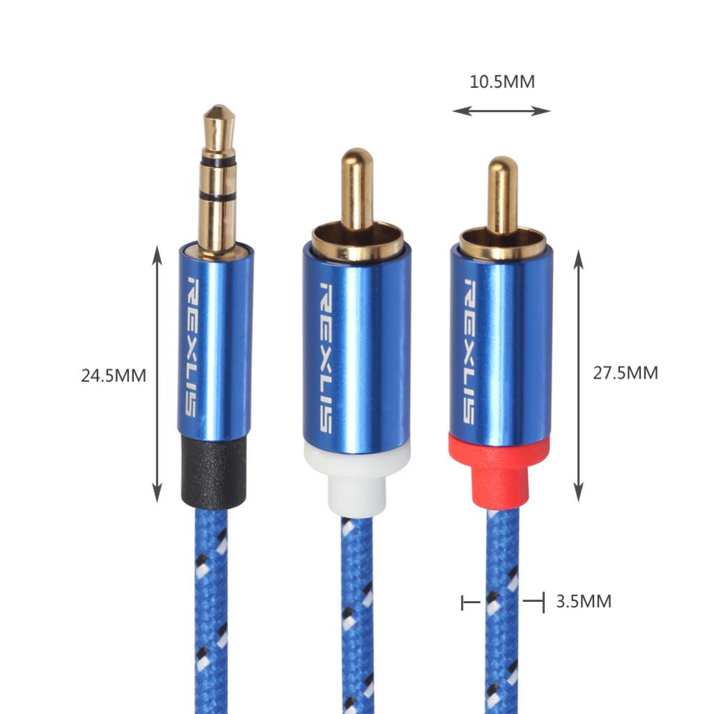 Blue Braided 1/8'' Jack 3.5mm Stereo Male to 2 RCA Male Audio Cable 10m