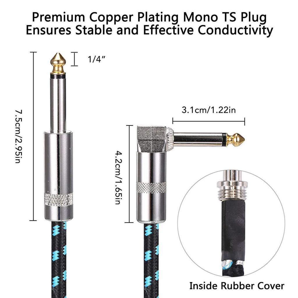 1pc Bass Guitar Cable 3m Right Angle 1/4 Inch to Straight Effector