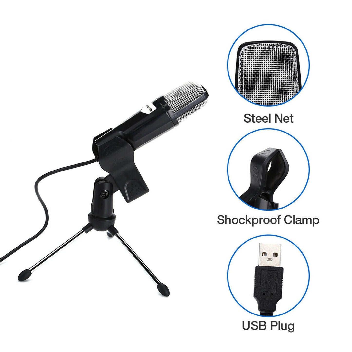 Condenser USB Microphone w/ Tripod for Chat Studio Recording PC Mic