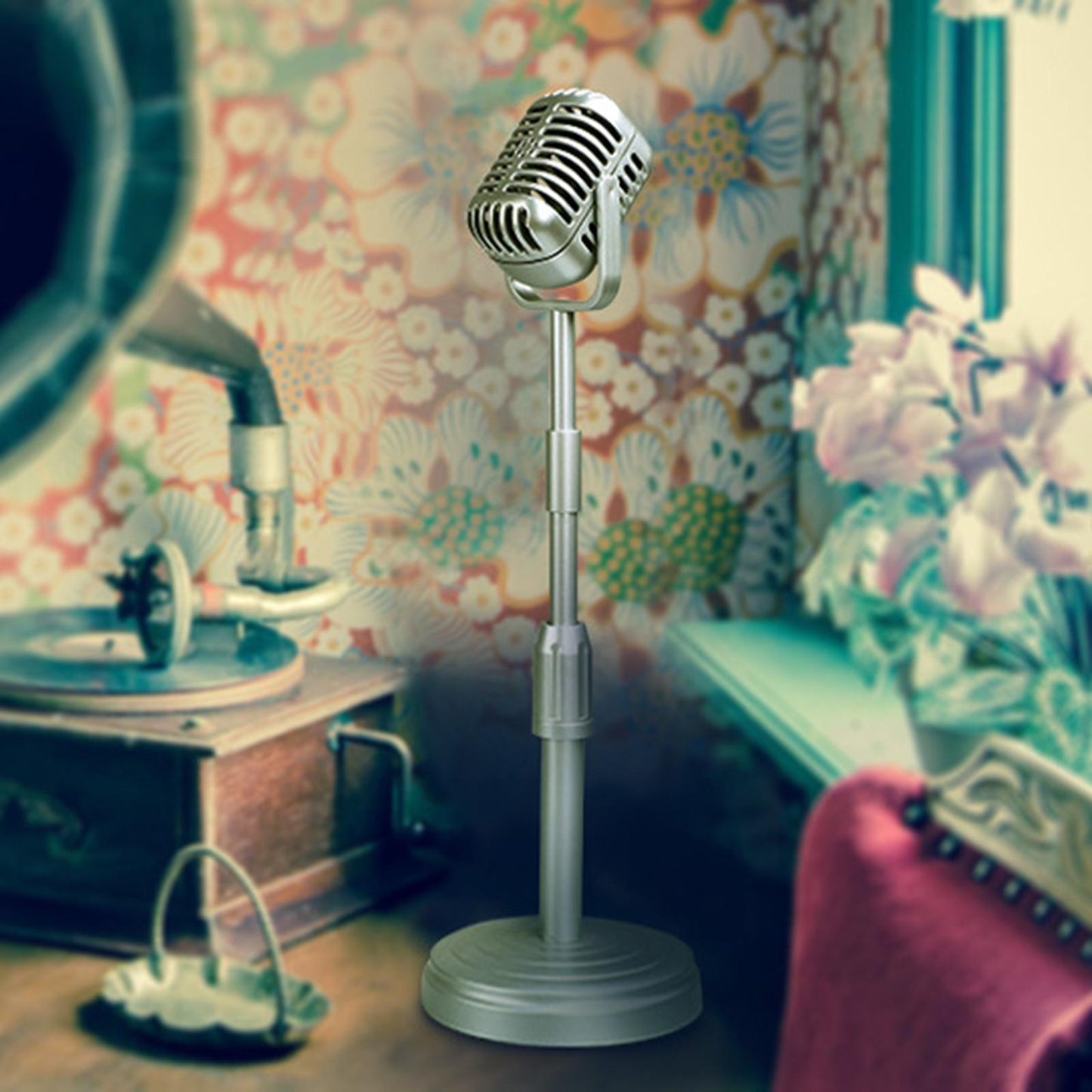 Simulation Classic Retro Vintage Style Mic Prop Photography with Stand Silver