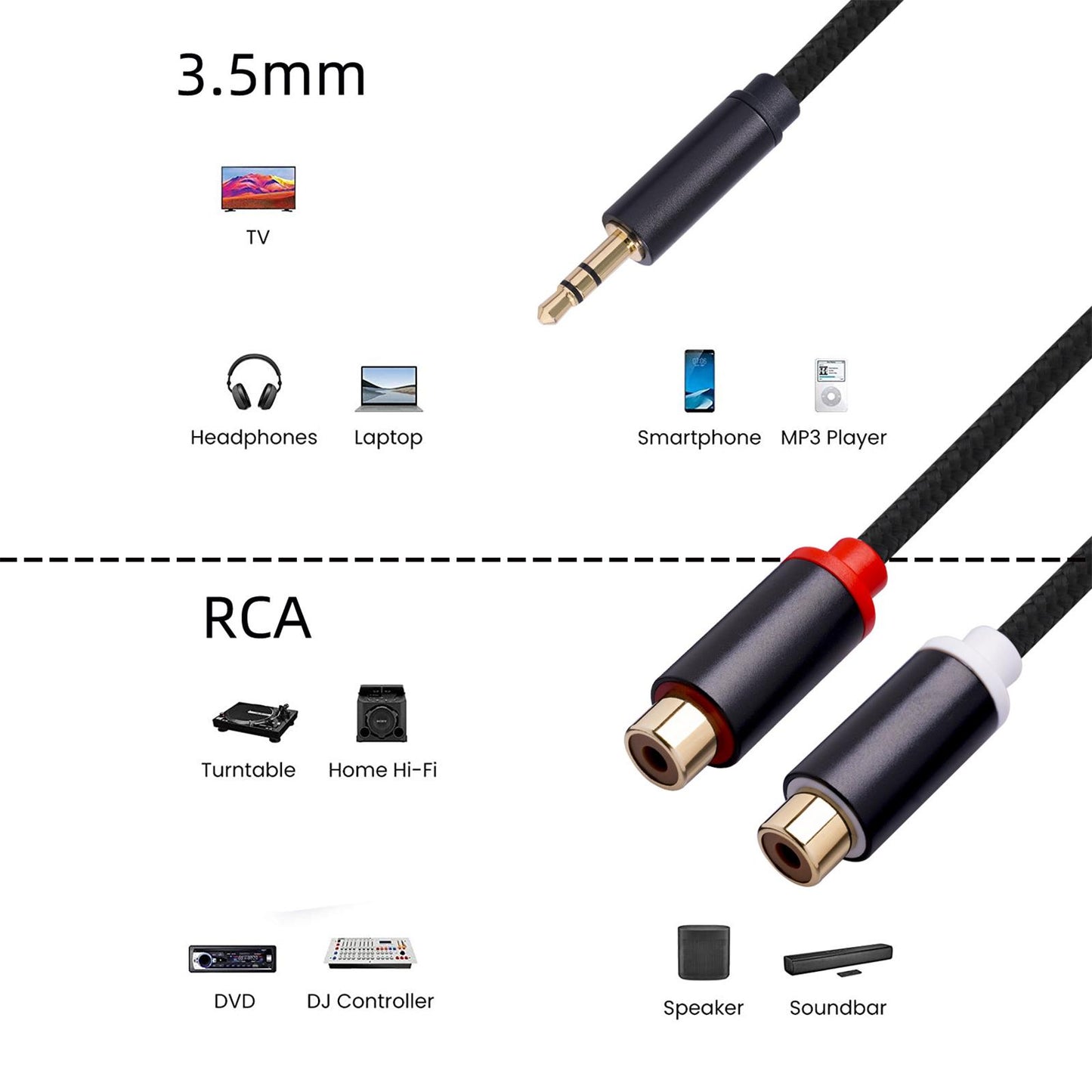 30cm Stereo Audio Cable Aluminum Foil Braided for Smartphone Speakers MP3