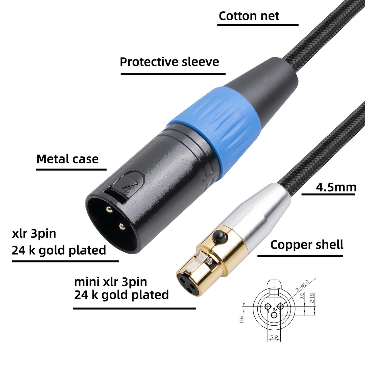 4.5mm MINI XLR Female to XLR Male Stereo Audio Adapter Cable Mini Jack 5M