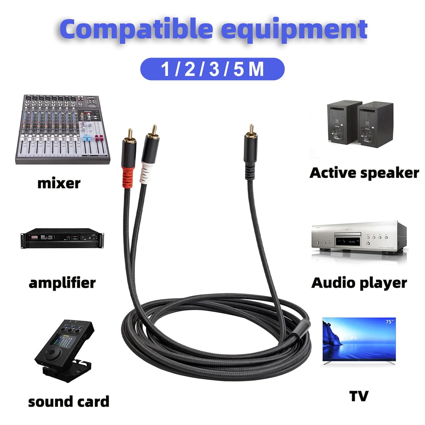 RCA to 2RCA Subwoofer Cable Y Adapter Splitter for Headphone Amplifier 2m
