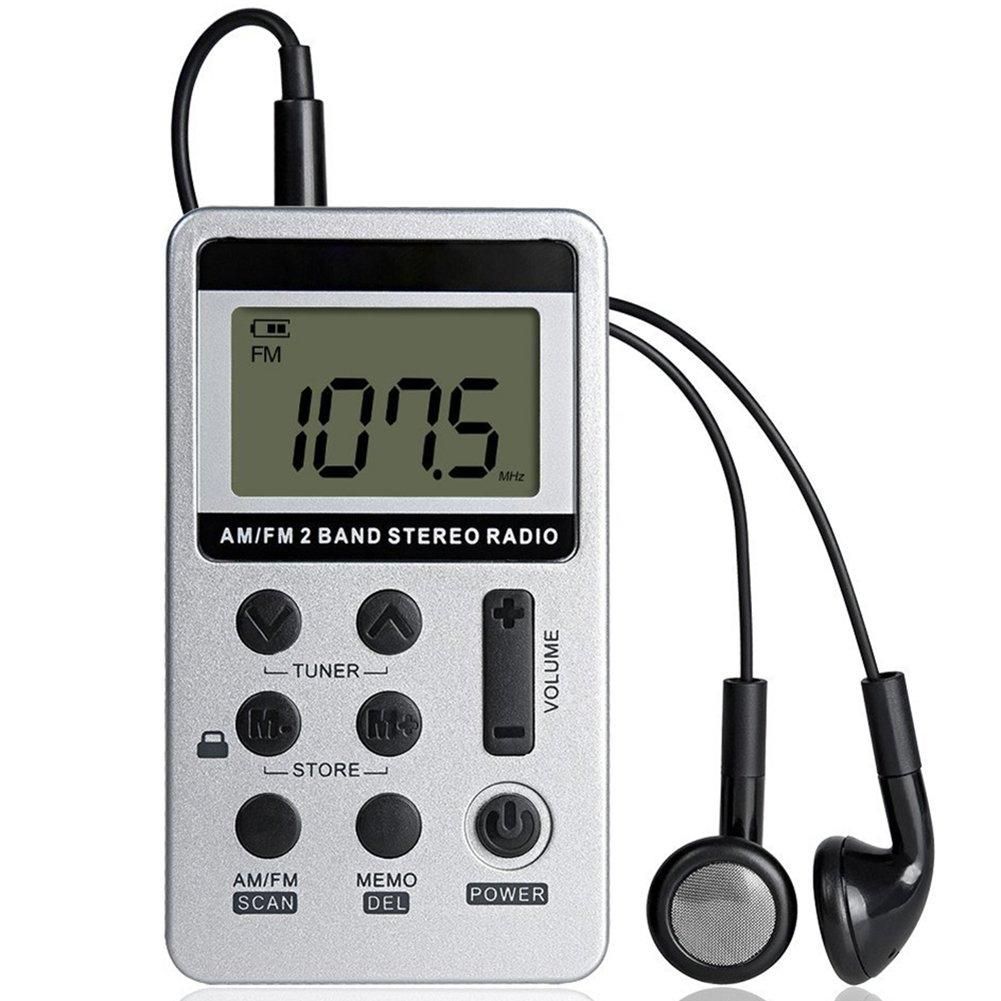 HRD-103 FM + AM Two Band Portable Radio with Lanyard & Headset (Silver)
