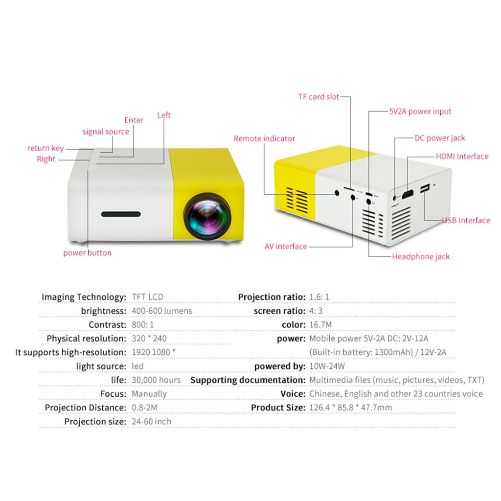 YG300 LED Mini Projector LED Video Home Theater Built-in Media Player Yellow