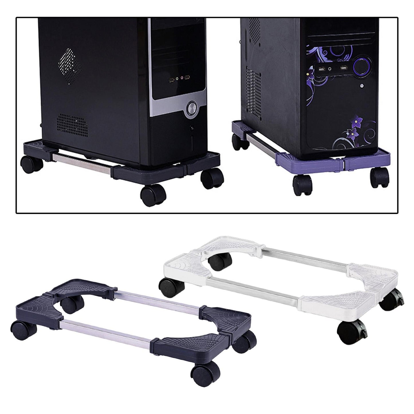 New PC Desktop Case Stand Holder Computer Tower Rolling Caster Wheels Black
