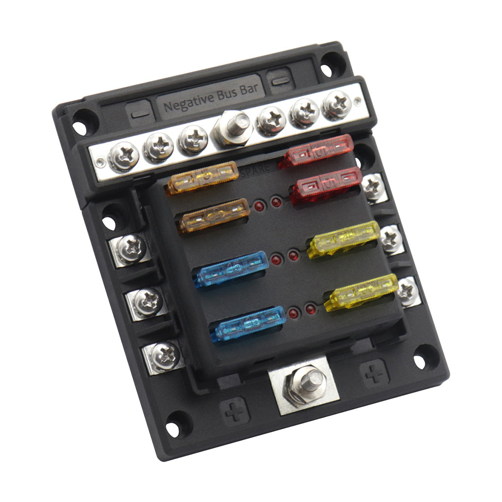 PC PBT Brass Car Blade Fuses Assortment Kit with Decal for Auto Truck Parts 6 Way 6 Negative Bus