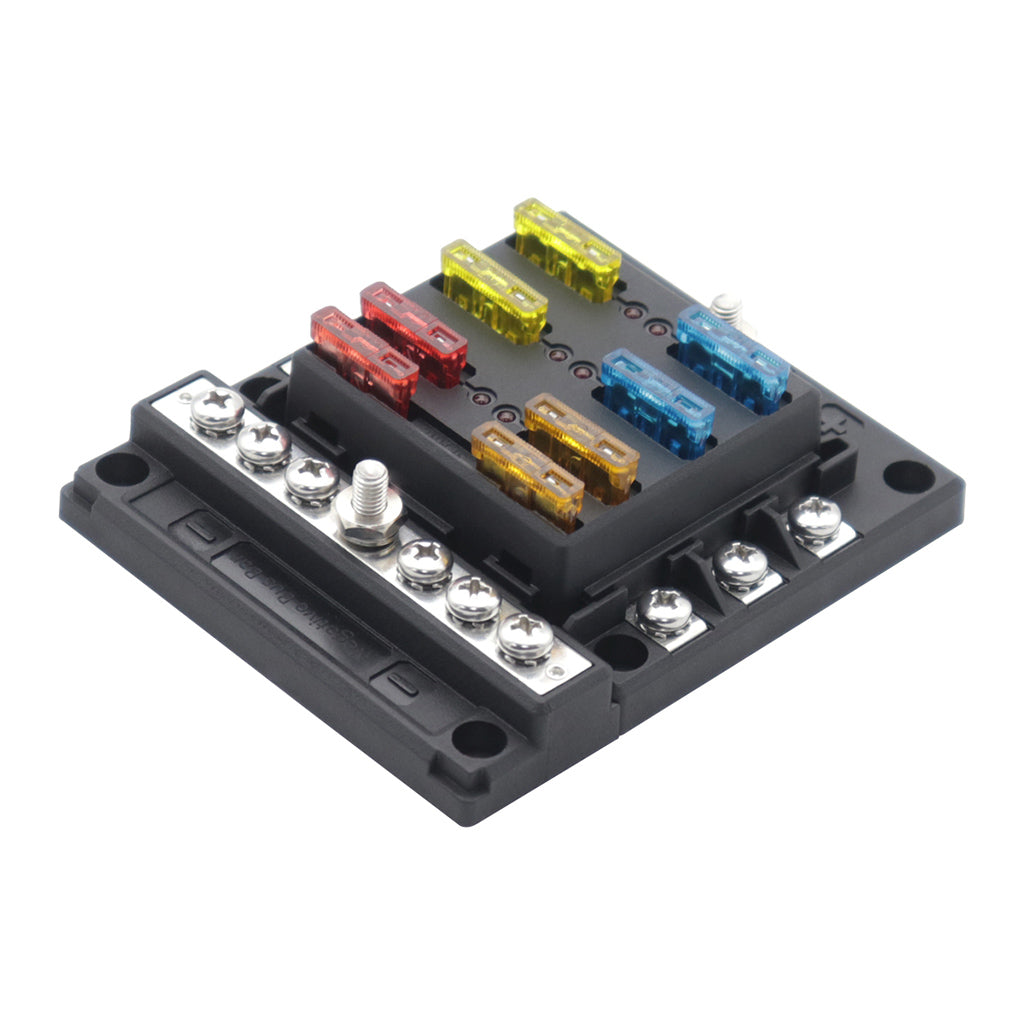 PC PBT Brass Car Blade Fuses Assortment Kit with Decal for Auto Truck Parts 6 Way 6 Negative Bus