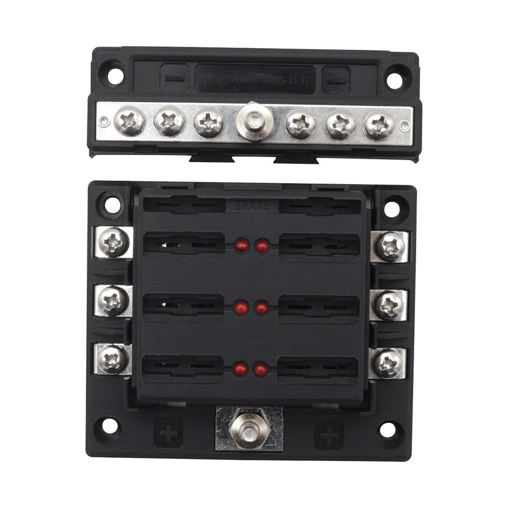 PC PBT Brass Car Blade Fuses Assortment Kit with Decal for Auto Truck Parts 6 Way 6 Negative Bus