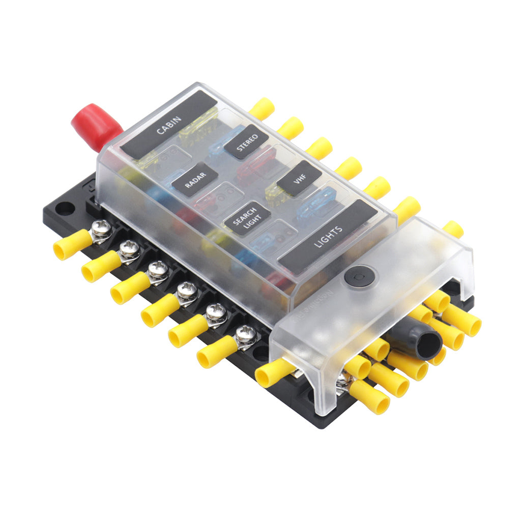 PC PBT Brass Car Blade Fuses Assortment Kit with Decal for Auto Truck Parts 12Way 12Negative Bus