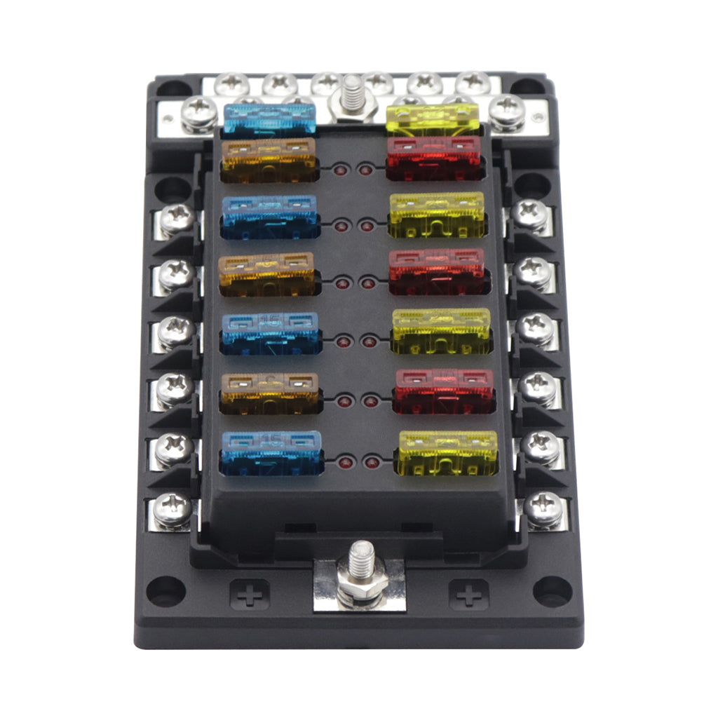 PC PBT Brass Car Blade Fuses Assortment Kit with Decal for Auto Truck Parts 12Way 12Negative Bus