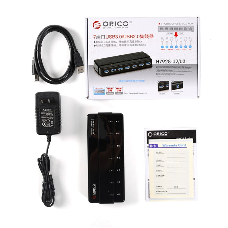 ORICO ABS 7-Port USB 3.0 HUB with Power Adapter & Cable (H7928-U3) - Black