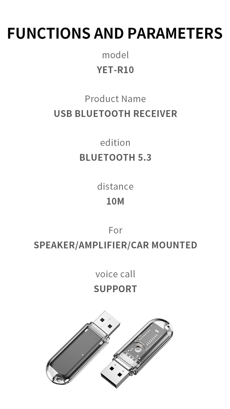 R10 Bluetooth-compatible 5.3 USB Dongle Audio Receiver Wireless Adapter for Car Audio Speaker Amplifier