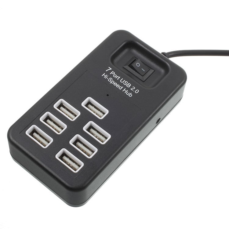 Portable 7 Ports USB 2.0 Hub with 1m Cable and Power Switch - Black