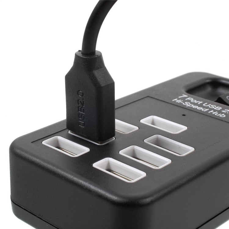 Portable 7 Ports USB 2.0 Hub with 1m Cable and Power Switch - Black