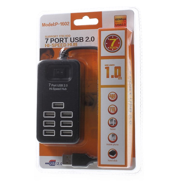 Portable 7 Ports USB 2.0 Hub with 1m Cable and Power Switch - Black