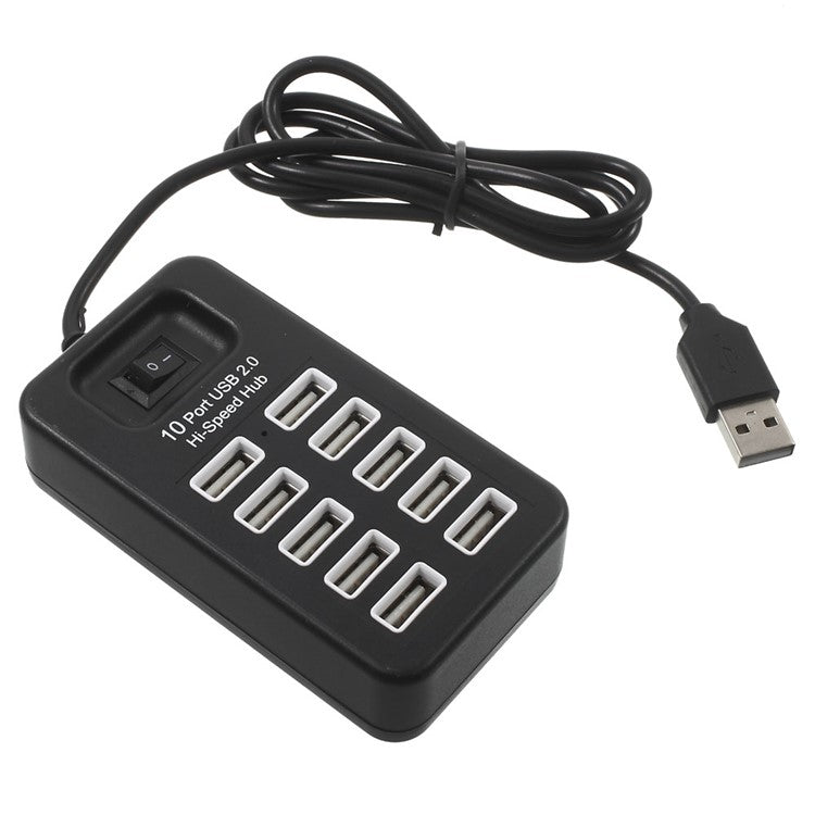 480Mbps High Speed 10-Port USB 2.0 Extender Hub with 1m Cable and Power Switch - Black