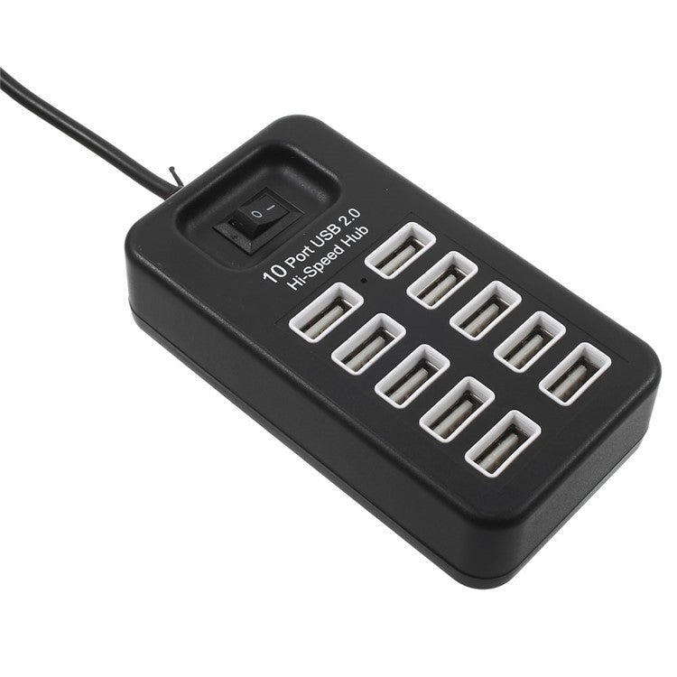 480Mbps High Speed 10-Port USB 2.0 Extender Hub with 1m Cable and Power Switch - Black