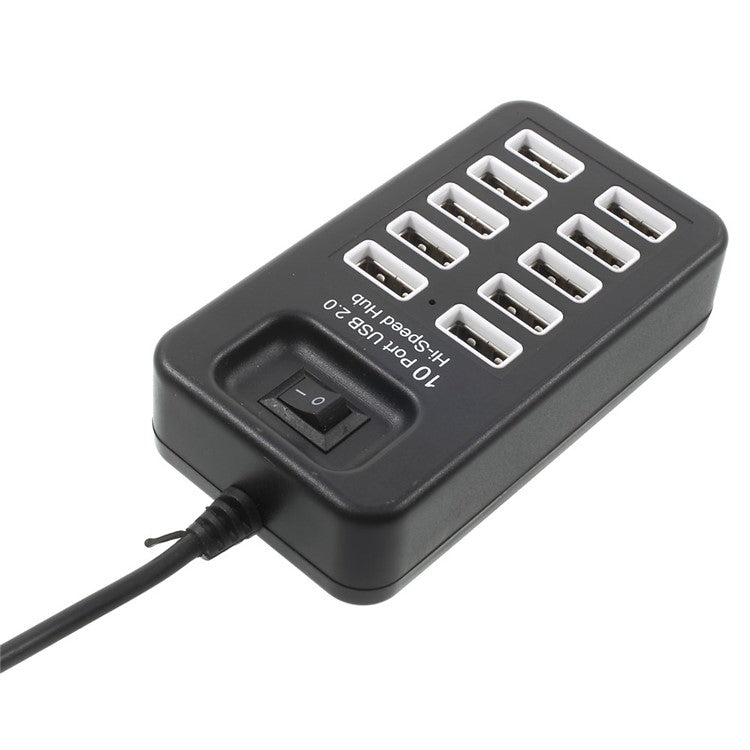 480Mbps High Speed 10-Port USB 2.0 Extender Hub with 1m Cable and Power Switch - Black
