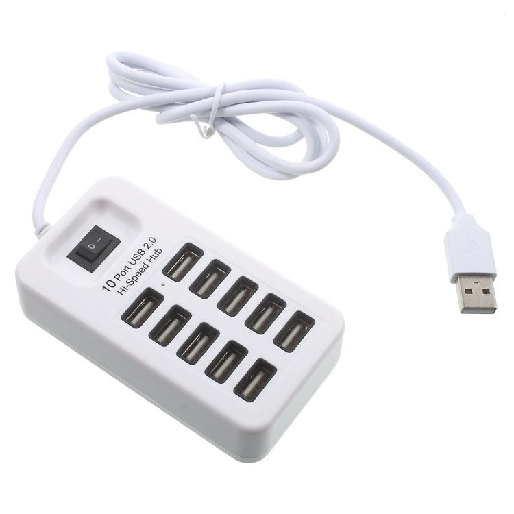 480Mbps High Speed 10-Port USB 2.0 Extender Hub with 1m Cable and Power Switch - White