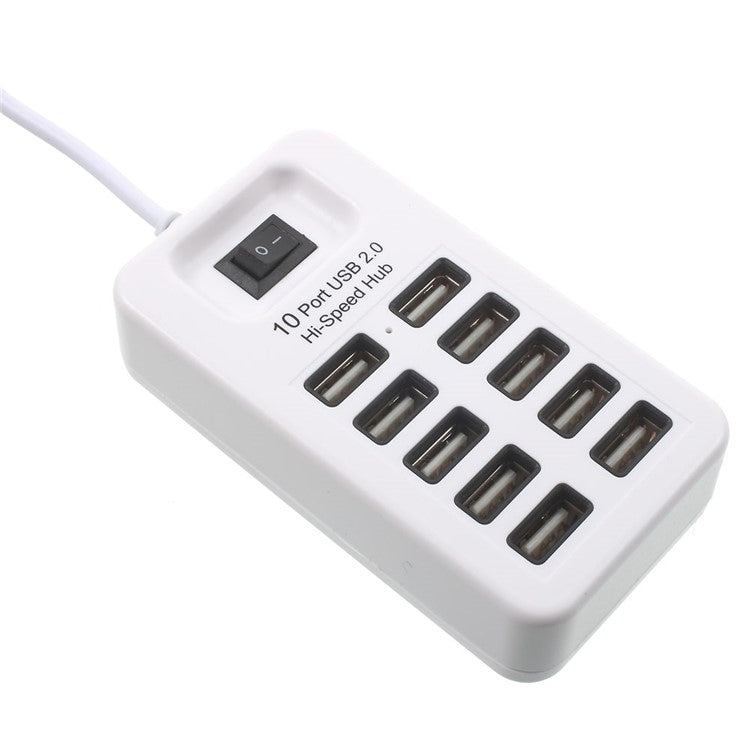 480Mbps High Speed 10-Port USB 2.0 Extender Hub with 1m Cable and Power Switch - White