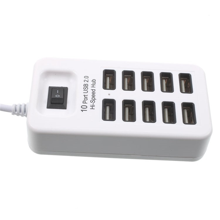 480Mbps High Speed 10-Port USB 2.0 Extender Hub with 1m Cable and Power Switch - White