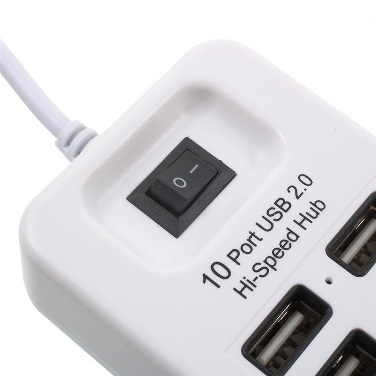 480Mbps High Speed 10-Port USB 2.0 Extender Hub with 1m Cable and Power Switch - White