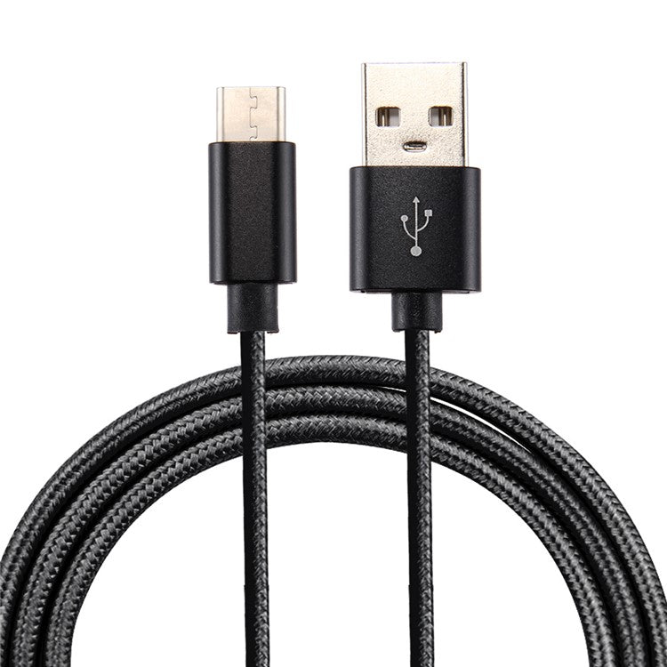For iPhone 15 Series 2m Woven Texture Type-C USB Reversible Phone Cable for Samsung Note 8 / S8 / S8 Plus etc. - Black