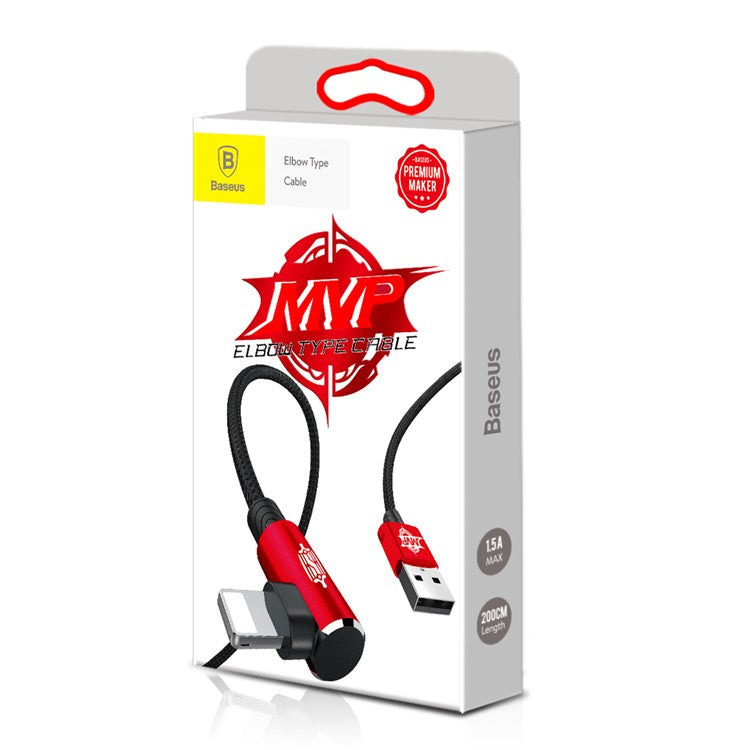 BASEUS MVP Elbow USB Data Sync Cable Right Angle 90-Degree USB to iP Charging Cord 2m 1.5A - Red