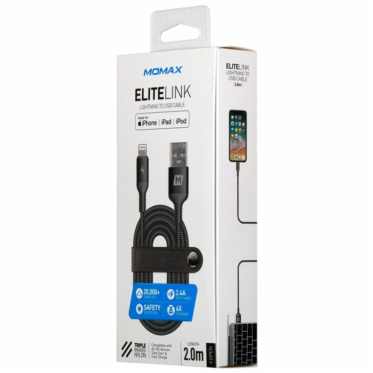 MOMAX Elite Link MFI 2M Woven Lightning 8pin USB Data Sync Charger Cable for iPhone iPad iPod - Grey