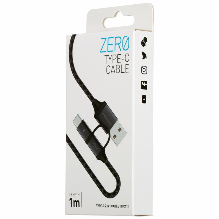 MOMAX ZERO 1m Micro USB + Type-C Sync Nylon Braided Charging Data Cable - Black