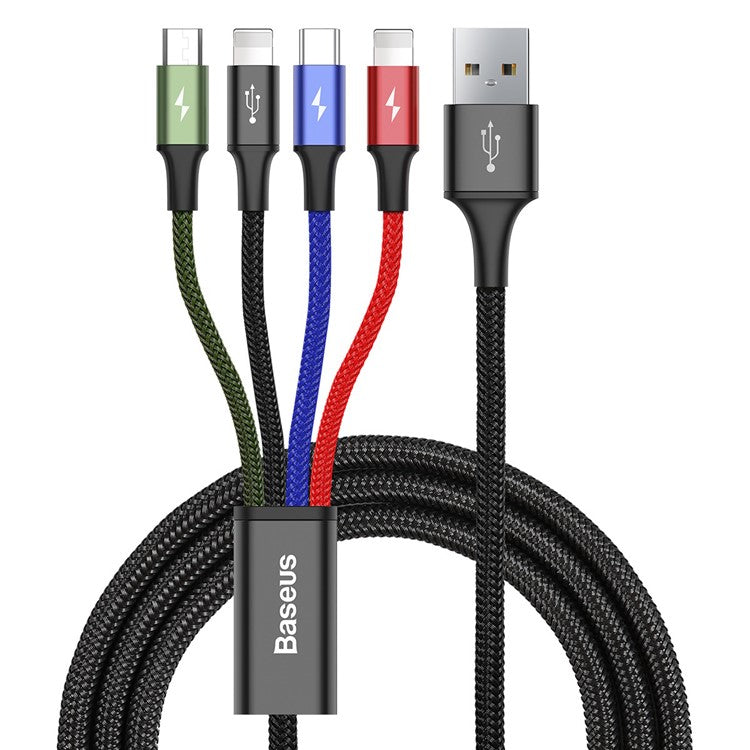 BASEUS Rapid Series 1.2m 3.5A Nylon Braided USB Cable 4-in-1 Type-C + 2 iP + Micro USB Charging Cable for iPhone Samsung Huawei - Black