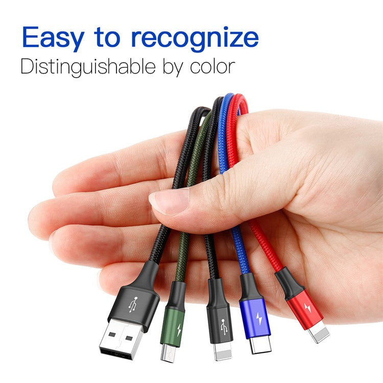 BASEUS Rapid Series 1.2m 3.5A Nylon Braided USB Cable 4-in-1 Type-C + 2 iP + Micro USB Charging Cable for iPhone Samsung Huawei - Black
