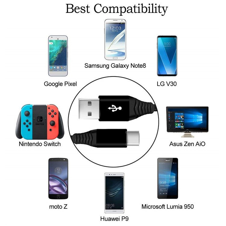 For iPhone 15 Series Type-C Cable, 1.8m Nylon Weaving 3A Type-C USB 3.0 Data Transfer Charging Cable for Xiaomi Huawei - Black