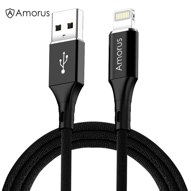 AMORUS 2.4A Aluminium Alloy Cotton Cloth Braided Lightning 8Pin Charging Data Cable for iPhone iPad iPod - Black